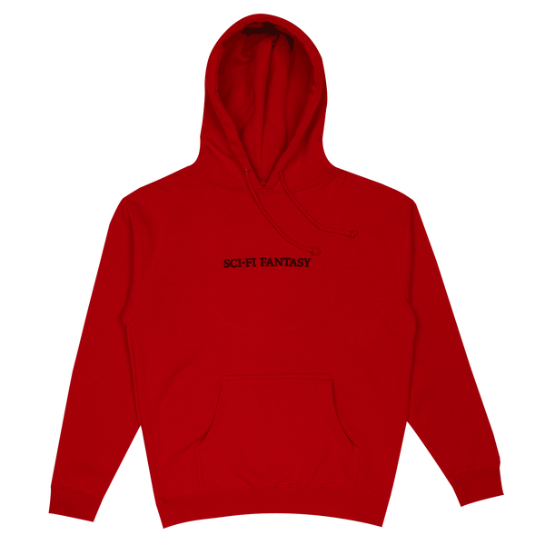 A SCI-FI FANTASY LOGO HOODIE RED featuring the "SCI-FI FANTASY" text printed in black on the front.