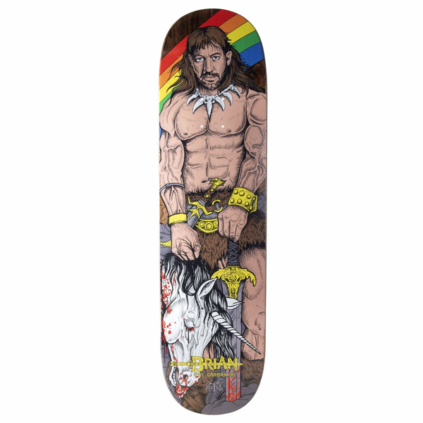 A METAL skateboard with a picture of a man on it.