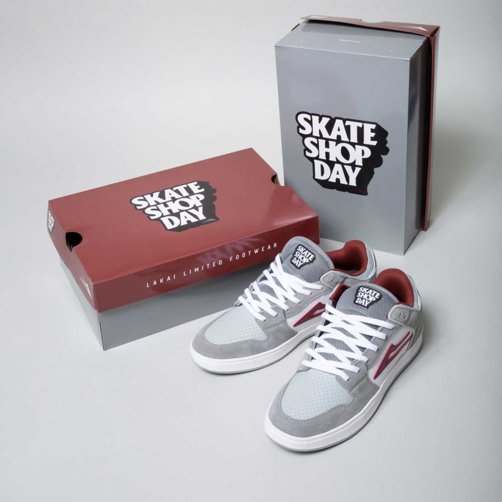 LAKAI X SKATE SHOP DAY TELFORD LOW sneakers with a box next to them at LAKAI SKATE SHOP DAY.