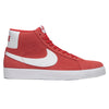 A pair of nike SB Blazer Mid University Red / White sneakers on a white background.