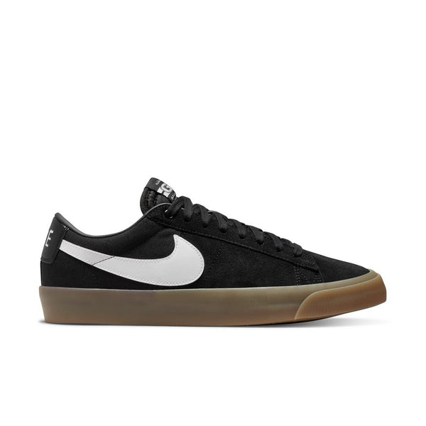 A Nike SB Blazer Low Pro GT Black/White/Gum sneaker.