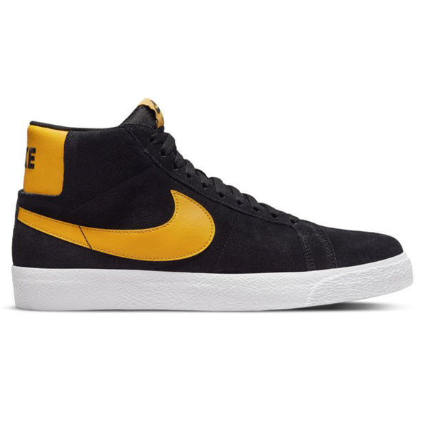 A black high-top sneaker with a white sole and University Gold accents, including a large yellow Nike swoosh and yellow heel tab; part of the NIKE SB BLAZER MID BLACK / UNIVERSITY GOLD collection by nike, perfect for pairing with your Bluetile Skateboards.