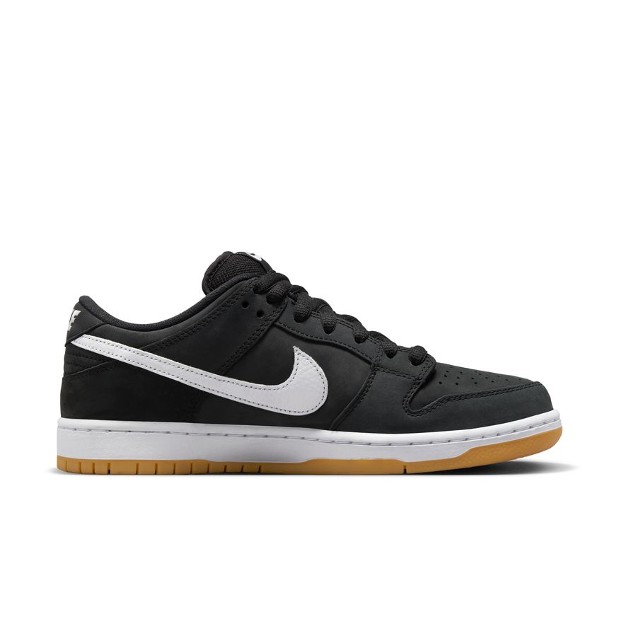 The NIKE SB DUNK LOW BLACK / WHITE / GUM is black and white.