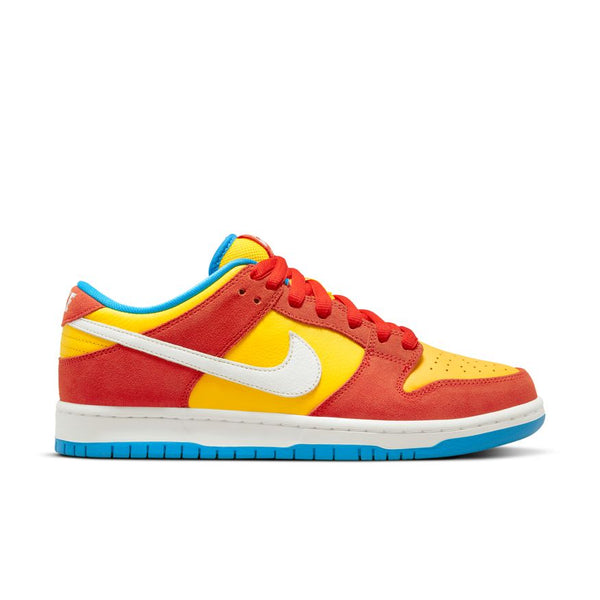 Side view of the vibrant Nike SB Dunk Low Pro "Barts" Habanero Red sneaker from Nike, featuring a striking design with a blend of Habanero Red, yellow, and orange colors, complemented by a crisp white Nike swoosh and blue accents on the sole and inner lining.