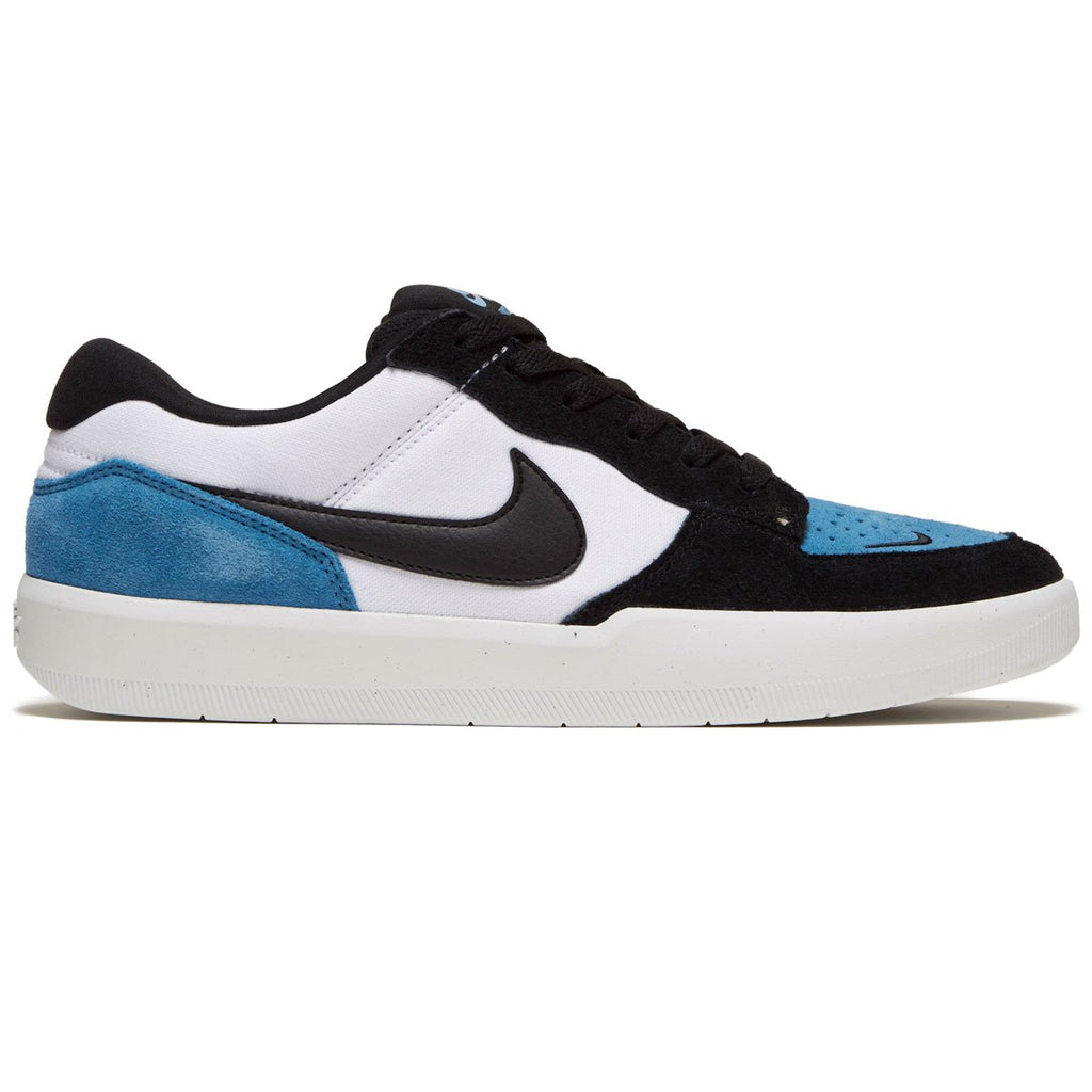 The nike SB Force 58 Dutch Blue/Black/White is a low-top sneaker with black, blue, and white color blocking—ideal for skateboarding in Columbia, SC. It features a black Swoosh logo, white midsole, and black laces.