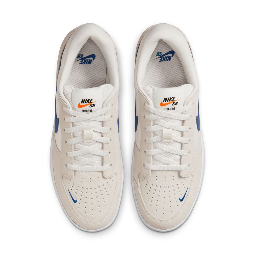 The Nike SB Force 58 Phantom White / Blue Jay, featuring a stunning combination of white and blue hues.