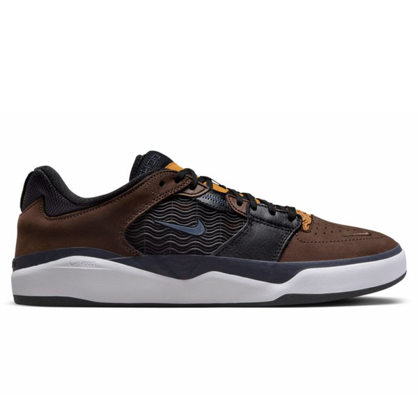 The NIKE SB ISHOD PRM in Baroque Brown/Obsidian/Black features a white sole, black swoosh, and wavy side panels. Available at Bluetile Skateboards.