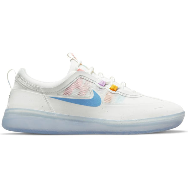 The Nike SB Nyjah Free II in Summit White / Coast Pink Salt features multi-colored accents.