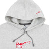 The nike NIKE SB OSKI ORANGE LABEL HOODIE GREY features a bold red shark graphic on the chest and a small red shark detail on the left side of the hood.