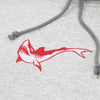 A red and white shark graphic appears on the light gray NIKE SB OSKI ORANGE LABEL HOODIE by Nike, alongside gray drawstrings.