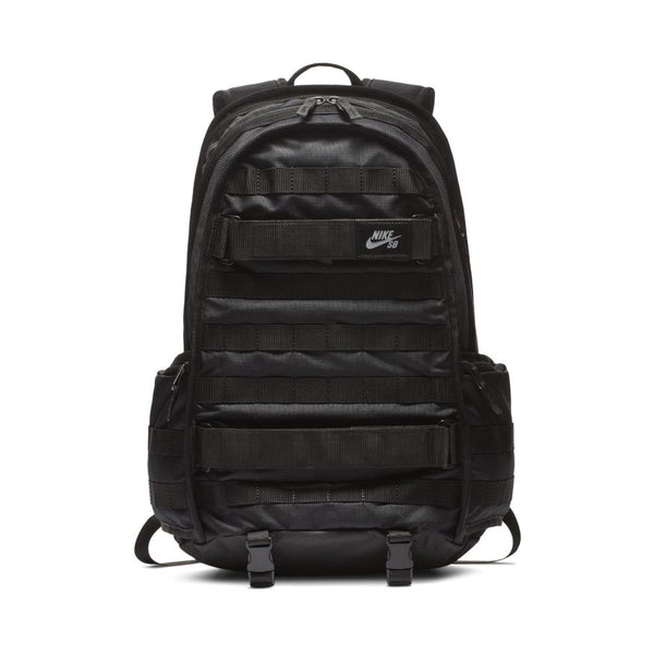 The NIKE SB RPM BACKPACK BLACK by Nike features multiple front horizontal straps, side pockets, a top handle, and the Nike SB logo. Water-resistant and ideal for skateboarders on the go.