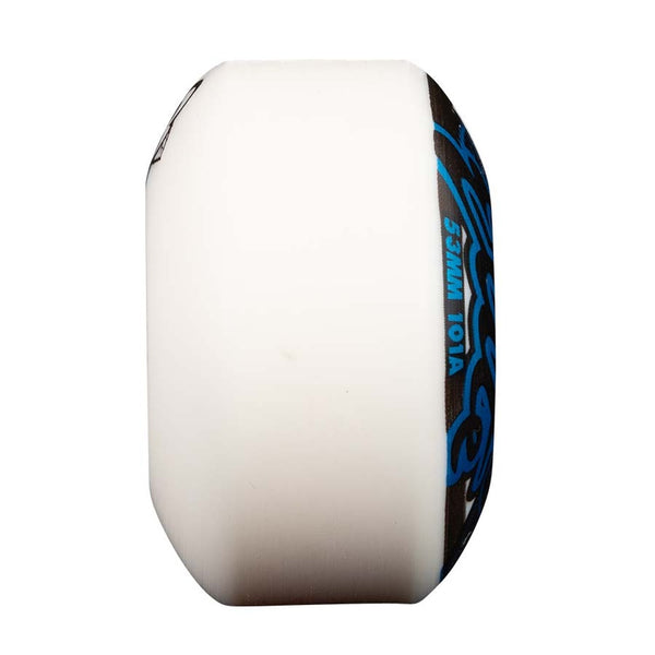 A single white skateboard wheel from OJ Wheels, featuring blue and black design elements, labeled "OJ Wheels Elite EZ Edge 101a 52mm.