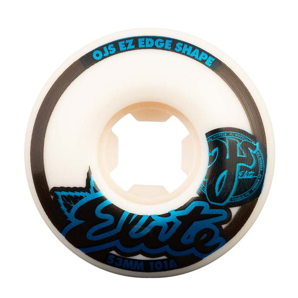 A white skateboard wheel with blue and black graphics, featuring the words "OJ Wheels Elite EZ Edge 101A 52MM.