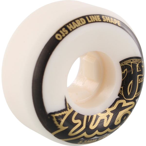 A close-up of a white skateboard wheel with black and gold graphics, featuring the text "OJ WHEELS ELITES HARDLINE 99a 54MM.