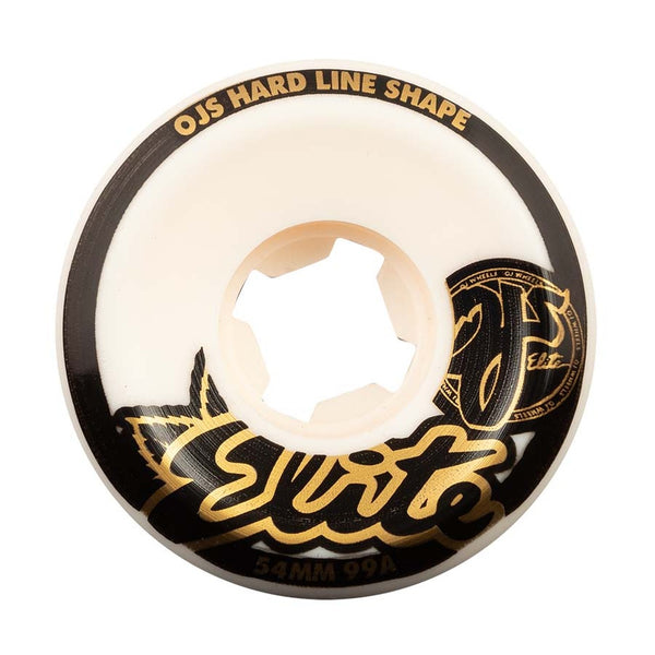 A white skateboard wheel branded as "OJ WHEELS ELITES HARDLINE 99a 54MM" features black and gold detailing, including the word "Elite." The diameter is 54mm with a hardness rating of 99A, making it an ideal choice for those seeking the Elites Hardline performance from OJ Wheels.