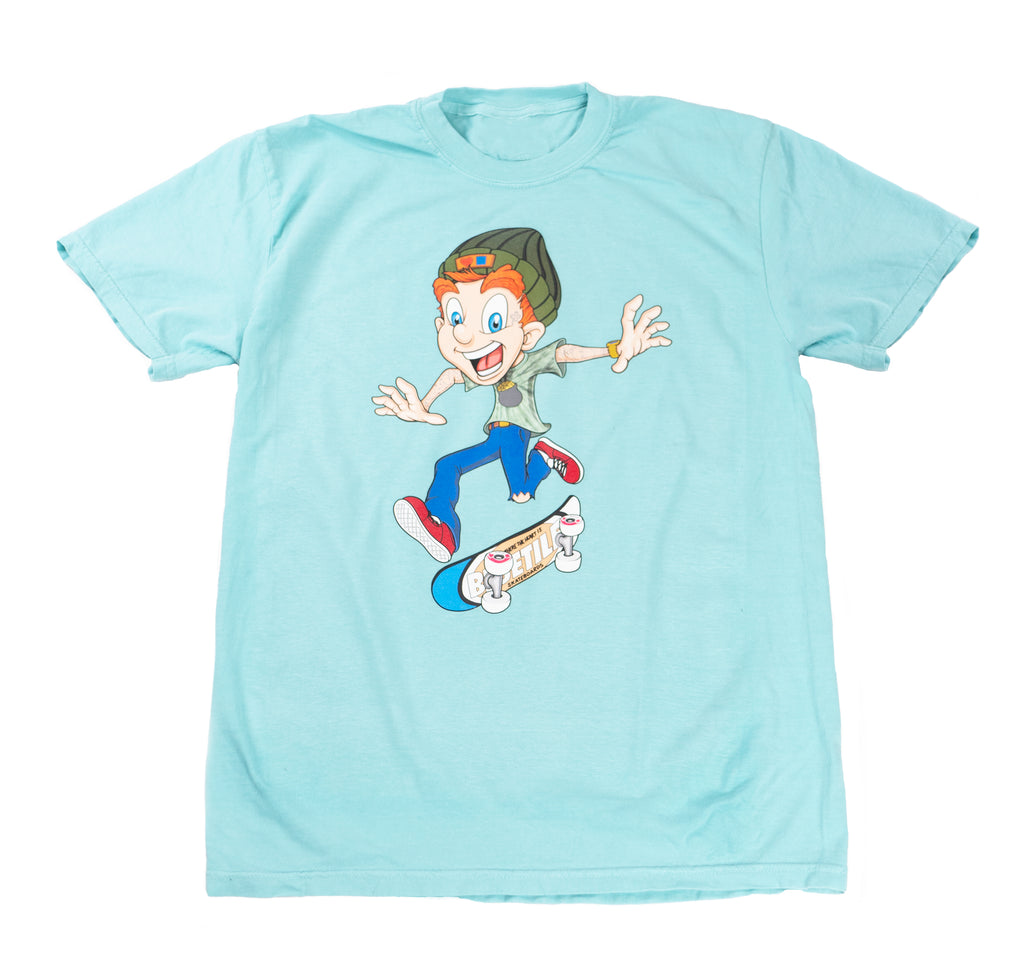 A BLUETILE LUCKY TEE MINT GREEN t-shirt with a cartoon boy riding a skateboard. (Brand Name: Bluetile Skateboards)