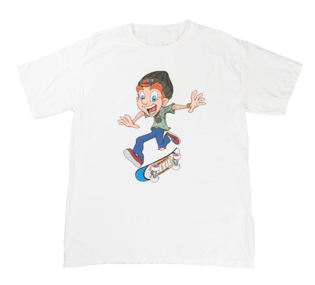 a white shirt with an image of a skateboarding leprechan