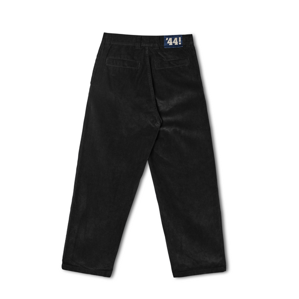 the back of a pair of black corduroy pants on a white background