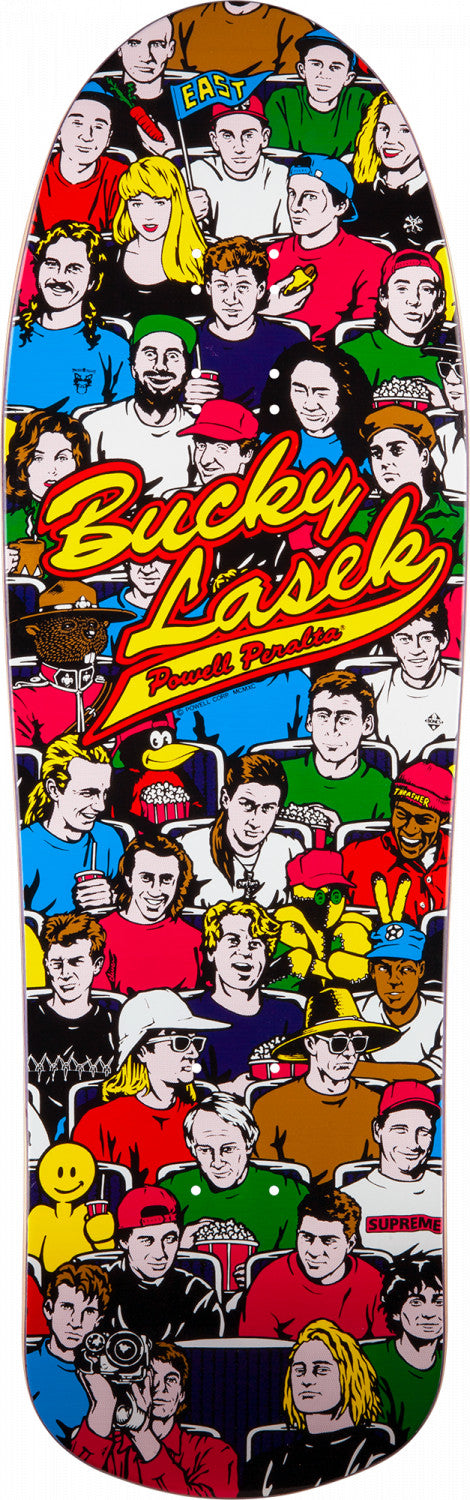 A POWELL PERALTA BUCKY LASEK STADIUM REISSUE skateboard with a lot of people on it.