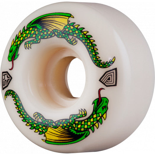 A wide skateboard wheel with a green POWELL PERALTA DRAGON FORMULA V4 54x34MM 93A on it.