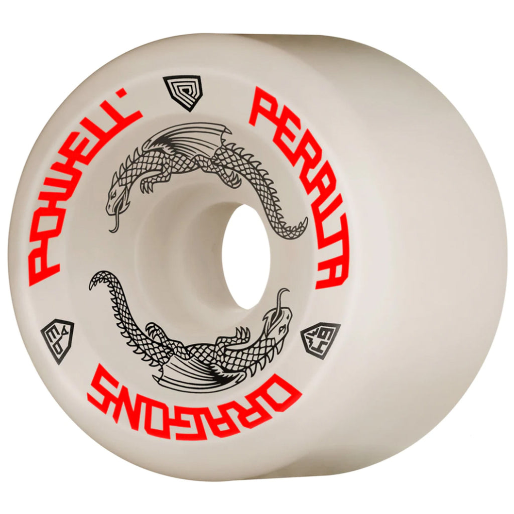 A white POWELL PERALTA skateboard with red lettering on it.