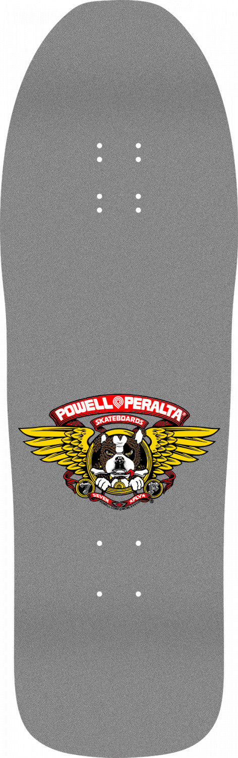 A grey skateboard with a Powell Peralta Frankie Hill Bulldog Reissue logo on it.