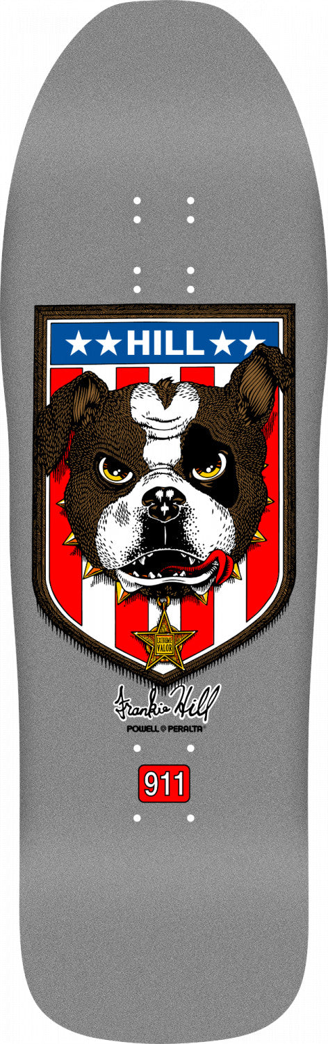 A grey skateboard with an american flag and a dog on it, featuring the POWELL PERALTA FRANKIE HILL BULLDOG REISSUE design.