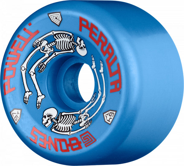 A blue POWELL PERALTA G-BONE II 64MM 97A skateboard wheel with a skeleton on it.