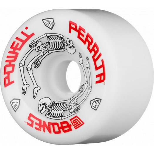 A POWELL PERALTA G-BONE II 64MM 97A WHITE skateboard wheel with skeletons on it, measuring 64MM in diameter (POWELL PERALTA G-BONE II).