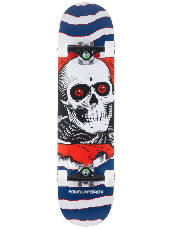 A POWELL PERALTA RIPPER COMPLETE NAVY skateboard with a skull on it featuring the POWELL PERALTA Ripper Complete design in navy color.