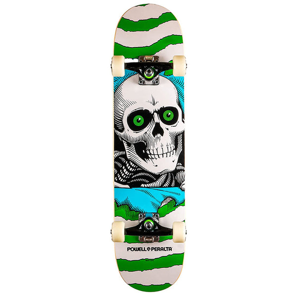 The POWELL PERALTA RIPPER COMPLETE GREEN skateboard, featuring a captivating image of a skeleton with piercing green eyes, is available.