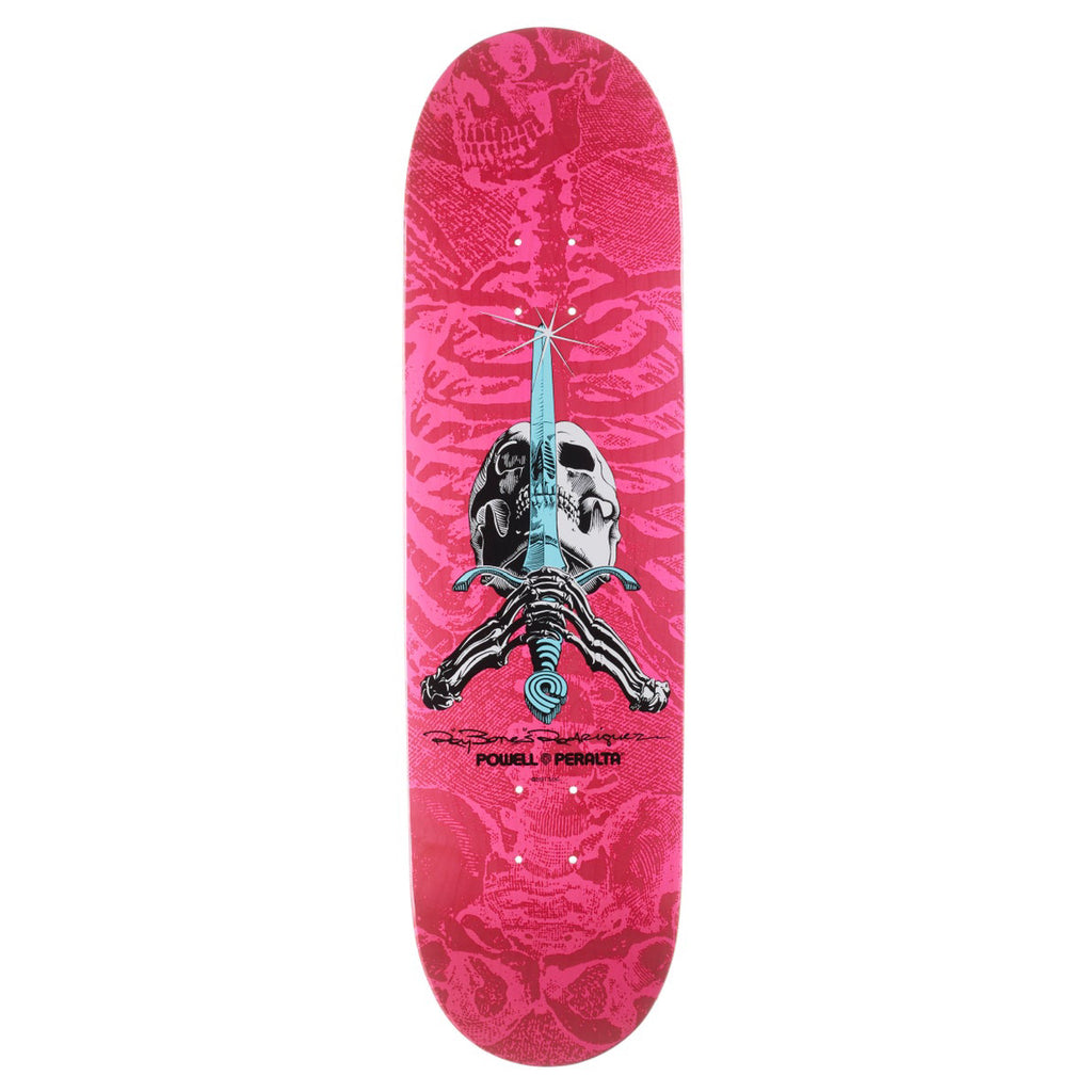 A POWELL PERALTA SKULL AND SWORD PINK RED skateboard from Powell Peralta.