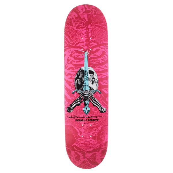 A POWELL PERALTA SKULL AND SWORD PINK RED skateboard from Powell Peralta.