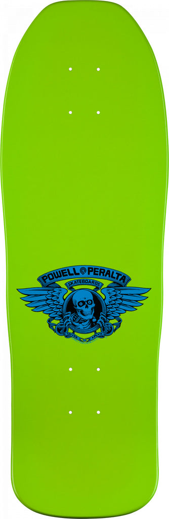 A green skateboard with a blue logo on it, featuring the POWELL PERALTA VALLELY ELEPHANT LIME design.
