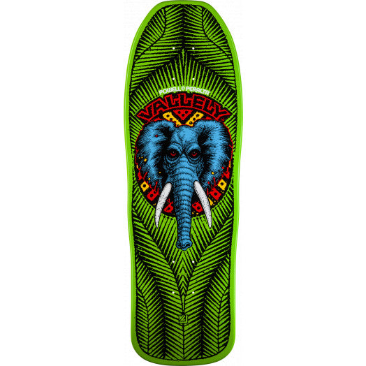 A lime green skateboard with an elephant on it, featuring the POWELL PERALTA VALLELY ELEPHANT LIME design from POWELL PERALTA.
