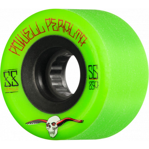 A green POWELL PERALTA G-SLIDES 56mm skateboard wheel with a skull on it, perfect for POWELL PERALTA G-SLIDES enthusiasts.