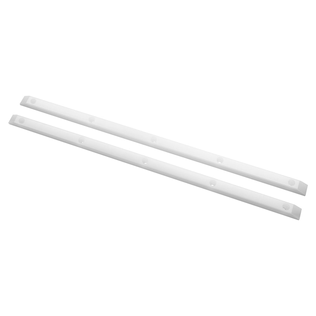 A pair of white board rails with 5 holes on each.