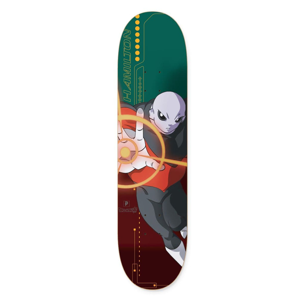 The PRIMITIVE DB SUPER HAMILTON JIREN skateboard deck features an anime-style Jiren graphic in a fighting pose, with "HAMILTON" vertically on a bold green and maroon background from PRIMITIVE.