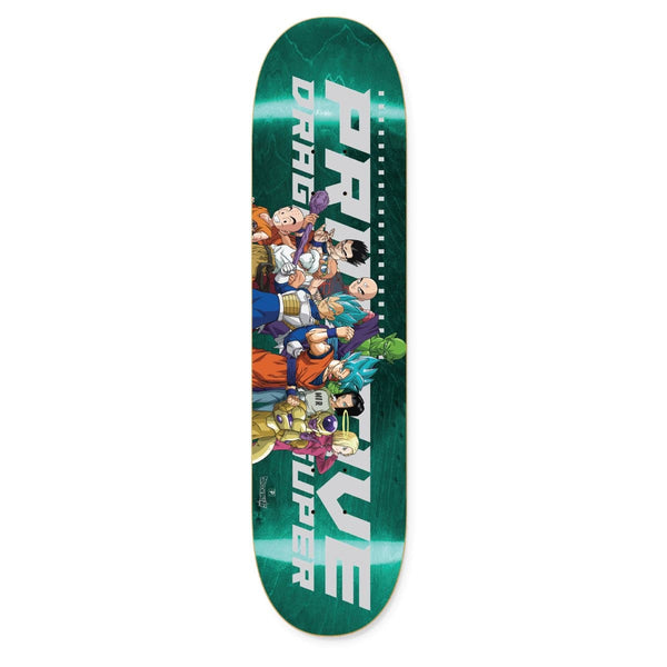 The PRIMITIVE DB SUPER UNIVERSAL SURVIVAL skateboard deck features Dragon Ball Super Universal Survival arc characters in vibrant outfits on a green background, with "Primitive" and "Dragon Ball Super" text.
