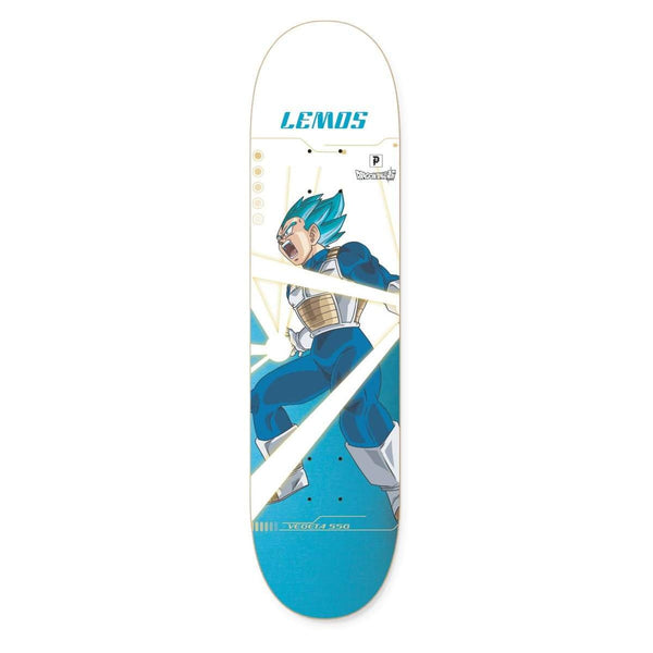 The PRIMITIVE DB SUPER LEMOS VEGETA SSG skateboard deck showcases Vegeta SSG in blue armor and hair, shouting, with "LEMOS" at the top—ideal for Dragon Ball Super fans.