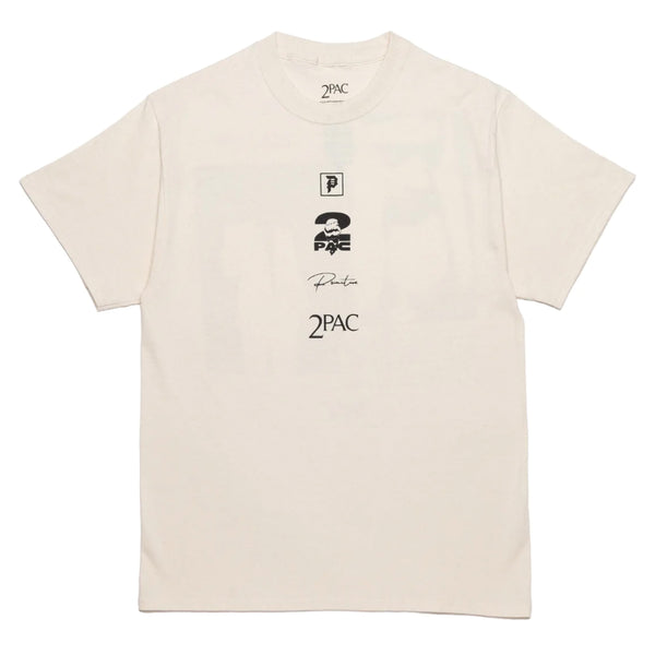 The PRIMITIVE X TUPAC VOICE TEE CREAM by PRIMITIVE features various black printed designs, including a hat logo, text reading "Poetic Justice," a signature, and the name "2PAC." This stylish tee pays tribute to TUPAC as part of the PRIMITIVE collection.