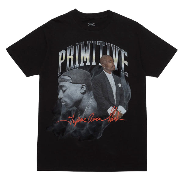 The PRIMITIVE X TUPAC LEGEND TEE BLACK features two images of Tupac and the word "PRIMITIVE" in large text at the top. Below the images, a handwritten signature in red adds a distinctive touch, making this Legend Tee an essential piece for any Tupac fan.