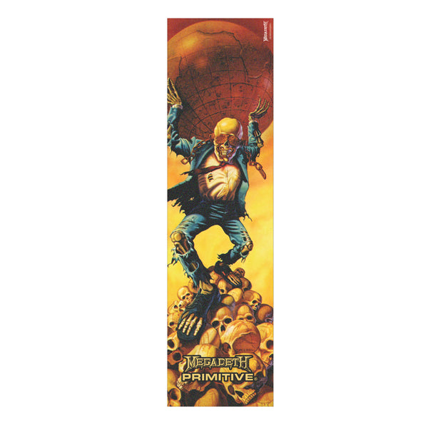 A skeletal figure in tattered clothes stands on skulls, clutching a cracked Earth, with "Primitive X Megadeth Worldwide Griptape" by PRIMITIVE against an orange backdrop—ideal for Megadeth fans and griptape collectors alike.