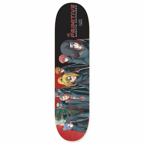 The PRIMITIVE X NARUTO CRIMINAL CLAN skateboard deck by PRIMITIVE features Akatsuki graphics and "Primitive" branding. Deck size: 8.38.