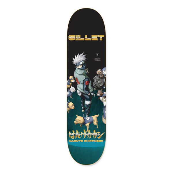 The PRIMITIVE X NARUTO GILLET KAKASHI DOG SQUAD skateboard deck features Kakashi in gray with white hair and his dog squad, plus "GILLET" and "Naruto Shippuden" text on a dark background. Brand: PRIMITIVE.