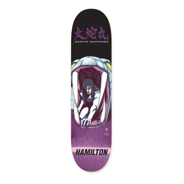 The PRIMITIVE x Naruto Hamilton Orochimaru skateboard deck by Primitive features artwork of Orochimaru from Naruto Shippuden, with “Hamilton” printed at the bottom.