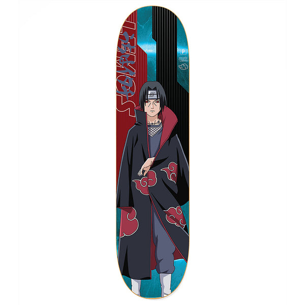 The PRIMITIVE X NARUTO LEMOS ITACHI UCHIHA skateboard deck by PRIMITIVE features iconic artwork of Itachi Uchiha from Naruto.