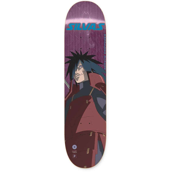 The PRIMITIVE X NARUTO SILVAS MADARA UCHIHA skateboard deck by PRIMITIVE showcases Madara Uchiha in anime style with spiky black hair and red armor on a purple background, with "SILVAS" at the top.