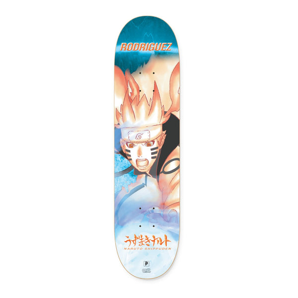 The PRIMITIVE X NARUTO RODRIGUEZ CHAKRA skateboard deck by PRIMITIVE features Naruto Uzumaki, “Rodriguez” lettering at the top, Chakra energy details, and Japanese text at the bottom. Width: 8.25".