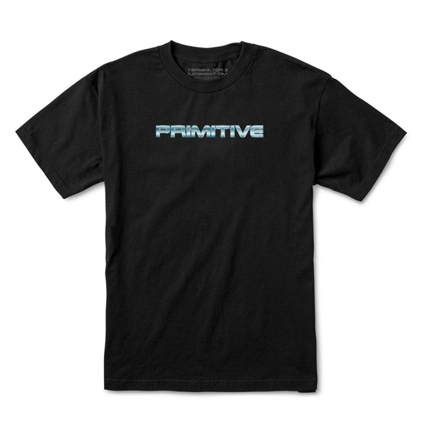 Introducing the PRIMITIVE X TERMINATOR 2 BOX SET TEE BLACK, showcasing the word "PRIMITIVE" printed in striking blue gradient letters across the chest.